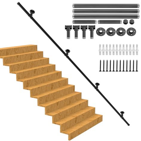 Handlauf Treppe, Rutschfester Treppengeländer Innen und Außen, Geländer Treppe Rohrförmiges Handfußgeländer,Wandhandlauf mit Zubehör Handlauf Schwarz Komplettset 3M