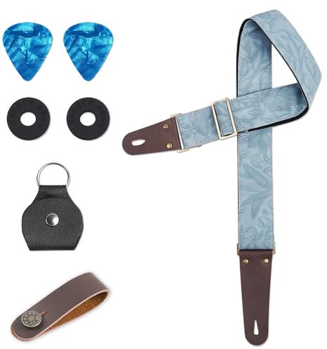 Czzmy Gitarrengurt, Verstellbarer Gitarren-Gurt Gitarrenband Guitar Strap mit Lederenden Plektrum Knöpfe Gitarrenhals Gurt für E-Gitarre Akustikgitarre Bass(1-Geschnitzt Hellblau)