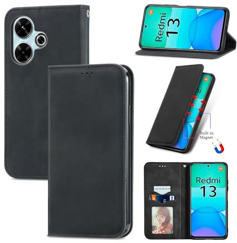 Cracedily Coque pour Xiaomi Redmi 13 4G Pochette, Etui Protection Housse Premium en Cuir PU, Etui à Rabat Pochette de Portefeuille Étui pour Poco M6 4G Case, Noir