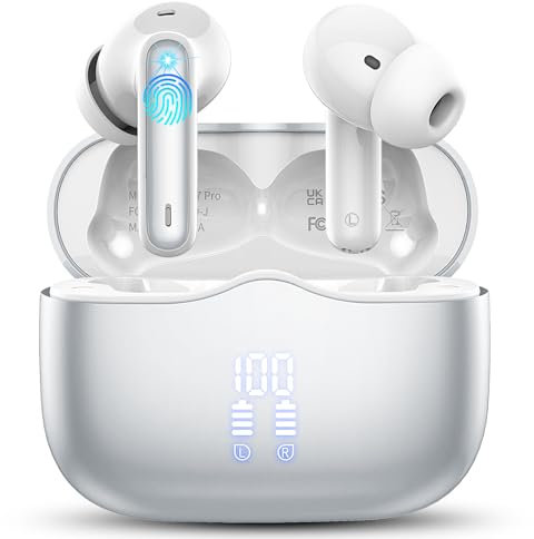 Bluetooth Kopfhörer, Kopfhörer Kabellos Bluetooth 5.3 In Ear Kopfhörer mit 4 ENC Noise Cancelling Mic, Kabellose Kopfhörer Tiefer Bass Wireless Earbuds 40Std, IP7 Wasserdicht LED Anzeige, Silber