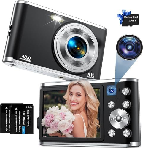 Cámara Digital, Cámara de Fotos AutoFocus 4K con Cámara Dual, Cámara Digital con Tarjeta de 32 GB,Zoom Digital de 16x, Pantalla Grande de 2,8 Pulgadas, Cámara Digital Compacta Portátil-Negro