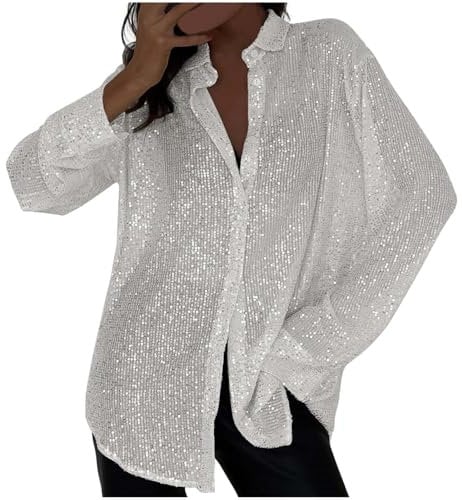 Keepink Sparkly Shirts for Women UK Button Down Collar Long Sleeve Blouses Oversized Shiny Sequin Shirt Casual Glitter Tops Long Tunic T Shirts Sexy Party Club Dressy Clothes Clearance