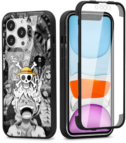 PBNDJVG for iPhone 15 PRO MAX 6.7'' Case, OP Luffy 360° Full Body with Built-in Screen Protector Touch Sensitive, Shockproof Soft TPU Bumper Phone Case Clear Designed for Anime Lovers - Black