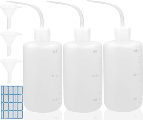 AnaTI Dosierflasche 500ml, 3 Stück Spritzflasche 500ml Laborflasche Waschflasche Squeeze Bottle Quetschflasche für Pflanzenbewässerung Laborreinigung Tattoo Waschmit 3 Trichter