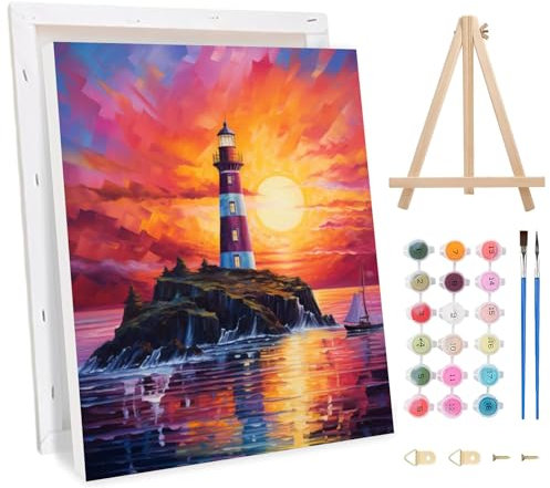 Jawecci Sunset Scenery Framed Painting by Numbers Kits for Adults, Lighthouse Paint by Numbers with Wooden Holder Canvas, Easy DIY Pigment Drawing Paintwork 30x40cm