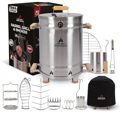 Barbacoa de Carbón sin Humo | Parrilla Barbacoa de Acero Inoxidable 304 | Barril Asador de Carne con Calor Uniforme | Barbacoa Portátil Ideal para Balcones y Patios | Fácil de Limpiar
