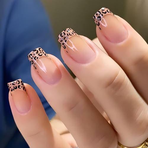 French Tip Nails - 24pcs Medium Square False Nails - 12 Sizes Pink Leopard Print Fake Nails with Glue - Glossy Full Cover Press On Nails - Removable DIY Nail Art for Women Girls Valentines Day Gift