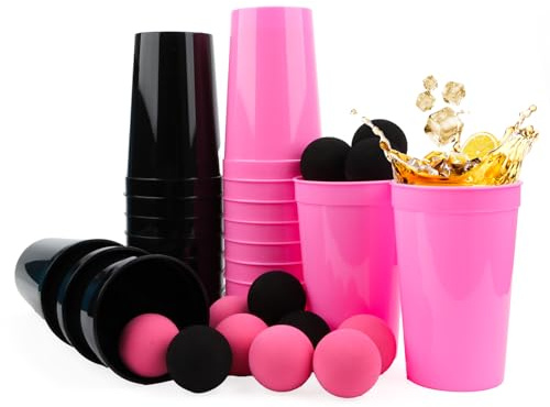 Yooyan 34 Stück Satz Pong Becher Set, 22 Becher 12 Bällen, Schwarz Rosa Pong Becher, Wiederverwendbar 700ml Partybecher, Hartplastik Party Becher für Geburtstag, Hochzeit, Picknick, Familie Party