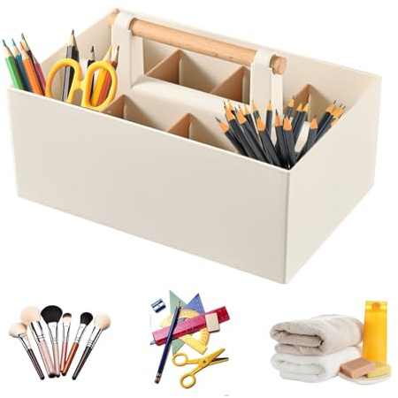 WEELOO Bathroom Storage Organiser, with Handle and Detachable Compartments | Kitchen Cabinet Storage Box Cosmetics School Supplies Storage for Kitchen, Bathroom, Office