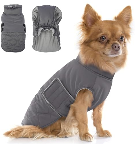 Hjumarayan Hundemantel für Kleine Hunde, Wattierend Wintermantel Mantel Hund Geschirröffnung, Jacken Gefüttert für Malteser, Kleiner Mops, Shih Tzu, Mini Dackel (Grau S)