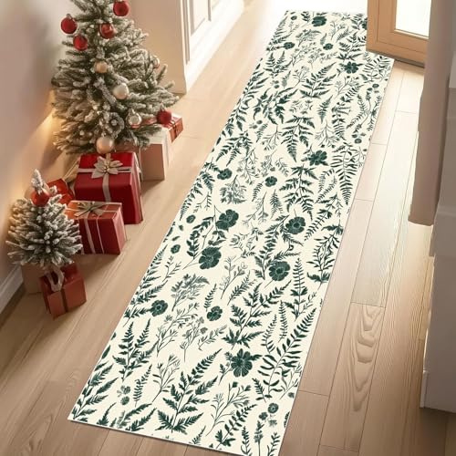 Meugesoi Kraut Pflanzen Teppich Flur Läufer 60 X 240 cm Grün Blätter Teppichläufer Küchenläufer Teppiche rutschfest Waschbar für Bettvorleger Flur Küche Waschküche