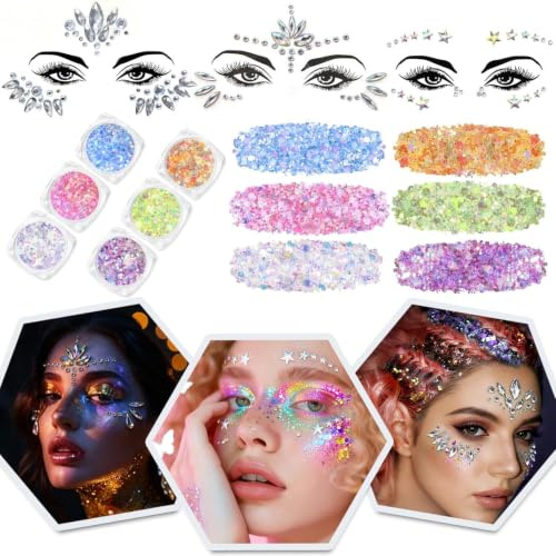 Festival Glitzer Gesicht Set mit 3 Gesicht Glitzersteine Selbstklebend +6 Farben Face Body Glitzer gel Fluoreszierendes, Gesichtsschmuck Festival Schminke,Strasssteine,Klebesteine für Karneval Makeup