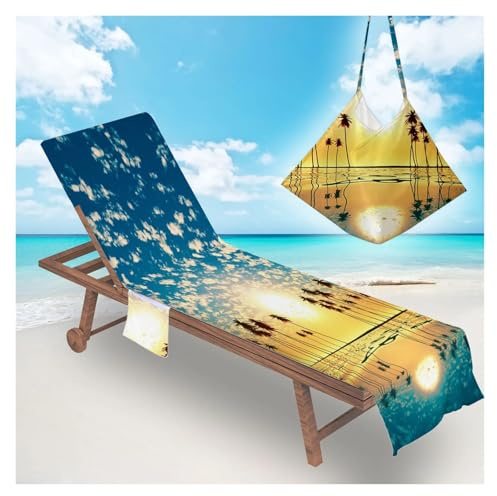 Beach Chair Cover Handtuch Handtuchbezug for Liegestühle mit Sonnenuntergangsmotiv, Strandstuhlbezüge Kokosnussbäumen und Taschen for Sonnenbaden am Pool, Strand, Innenhof, Ausflüge ins Freie(YT58-6)