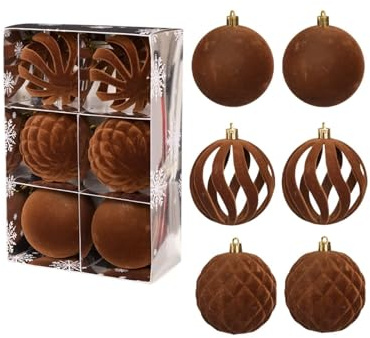 WLH Alexanders Weihnachtskugeln aus Samt, 12 Stück, beflockte Christbaumschmuck-Sortiment for Weihnachtsbaum, Weihnachtsdekoration, Kunststoffanhänger(Bruin)