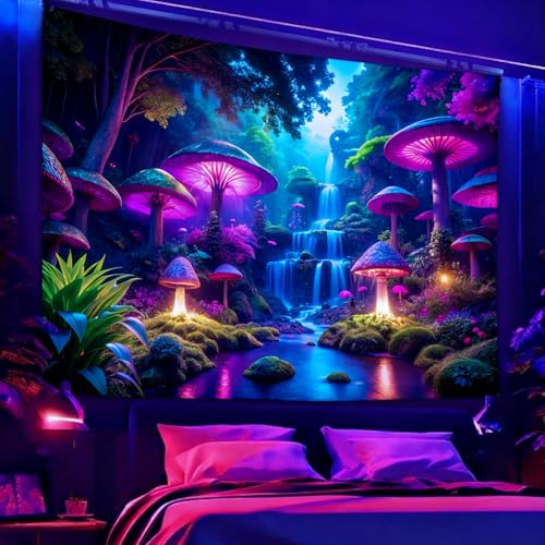 Miytal Schwarzlicht-Fantasie-Pilz-Wasserfall-Tapisserie, UV-reaktiver Neon-Wald-Wandbehang, leuchtet im Dunkeln, Naturkunstdekor für Schlafzimmer, Wohnzimmer – 180 x 300 cm