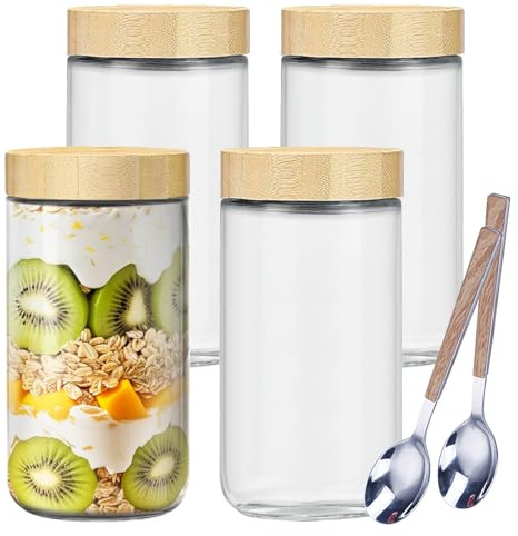 GANILITY Pots pour Overnight Oats, 4 Pieces 750 Ml Meal Prep Verre avec Couvercle, Pot Yaourt Avoine en Verre avec 2 Cuillère en Acier Inoxydable, pour Puddings, Yaourts, Confitures, Salade, Céréales