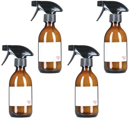 TEC 300ml Amber Glass Spray Bottles 65% Recycled UK Made Mist or Jet | Brown for Cleaning and Hair Oil Gardening Mist Essential Oils Recyclable with Labels Wrapped in Sustainable Paper Bottle