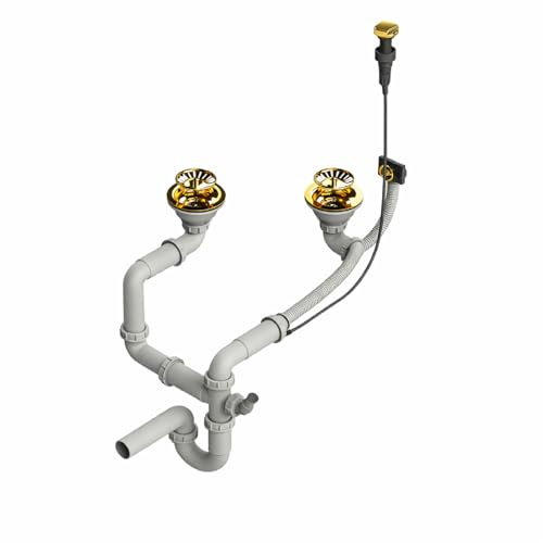 QLS Automatischer Doppelbecken-Siphon für Küchenspüle | Platzsparender Abfluss 3 1/2 Zoll | Mit Ablaufgestänge & Anschluss für Geschirrspüler oder Waschmaschine | Edelstahl & PVC (Gold)