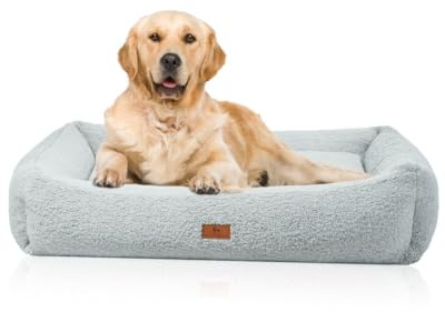 Knuffelwuff orthopädisches Hundebett Matteo XXL 120cm x 100cm Hellgrau | Teddyfell-Bezug waschbar 30 °C | Memory-Foam-Flocken | gelenkschonend & formstabil | hoher Rand | für kleine bis große Hunde