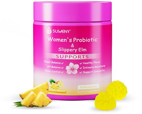 Feminine Probiotics Gummies for Women, Vaginal Probiotics for pH Balance, Odor, Yeast & Flora Balance, Gut Health & Immune Support with Slippery Elm, Prebiotics & Lactobacillus, Pineapple, 60 Gummies