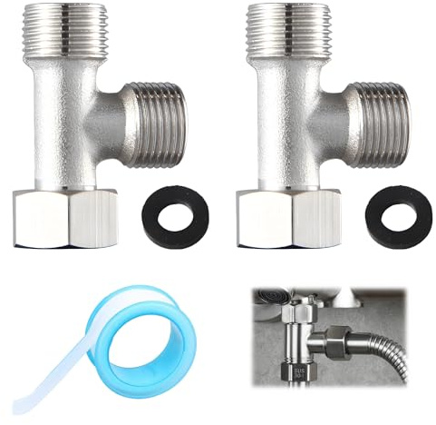 Oiieco 2 válvulas de conexión de 3 vías, conexión de agua de 3/8 T, adaptador en T de 3/8 pulgadas, válvula de ángulo distribuidor de 3/8 pulgadas, tubo de tuerca de unión para tanque de inodoro