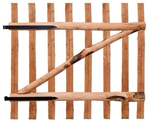 Cancello di recinzione a una sola anta in legno di nocciolo impregnato, marrone, 100 x 90 cm, cancello da giardino robusto resistente alle intemperie, porta da giardino per esterni, con cerniere in