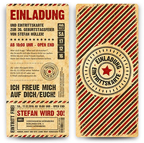 Einladungskarten zum Geburtstag (10 Stück) als Eintrittskarte im Grunge/Vintage-Look Ticket Karte