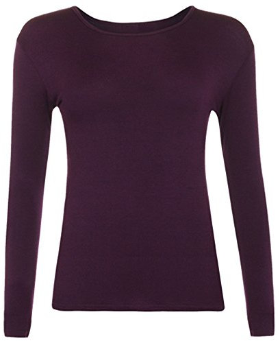 Women Long Sleeve T-Shirt Top Basic Casual Plain Stretch Vest Body Blouse Tee Layering, M/L 12-14, Purple