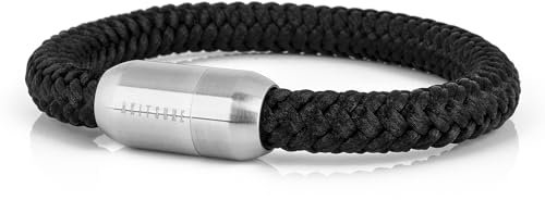 Akitsune Portus Segeltau Armband | Magnetischer Kapselverschluss Armschmuck Damen Anker Herren Maritim - Mattsilber - Schwarz 18cm