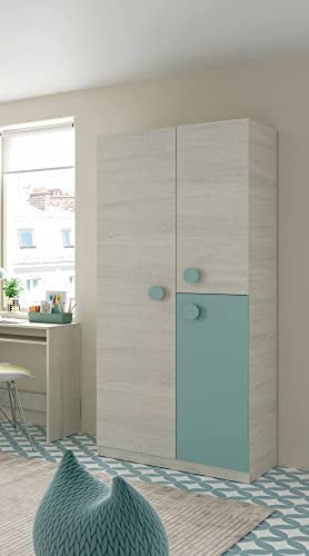 Dmora - Garde-robe 3 portes Manchester, Armoire pour chambre, Armoire 3 étagères avec tringle à vêtements, 90x52h200 cm, Gris et Vert Aqua