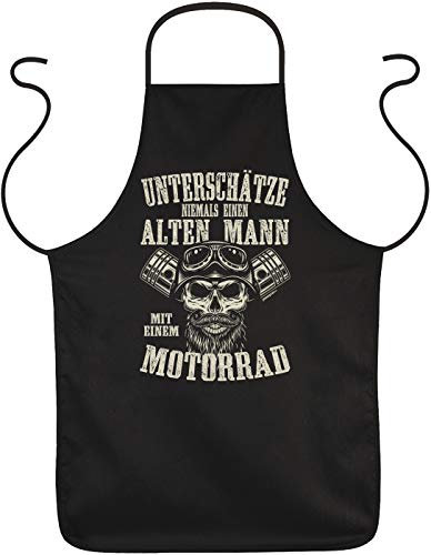Herren Grillschürze - Alter Mann mit Motorrad - Küchenschürze Kochschürze für Männer schwarz lustiges Geschenk zum Geburtstag oder Vatertag