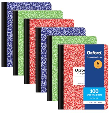 Oxford Composition Notebooks, 6 Pack, Cover Colors Vary, Wide Ruled Paper, 9-3/4 x 7-1/2 Inch School Journals, Assorted Marble Covers, 100 Sheets, per Book (63762)