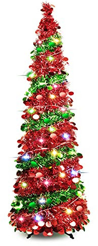 5 FT Collapsible Sequin Pop Up Christmas Tree with 90 LED Lights, Skinny Pencil Tinsel Xmas Tree with Stand for Apartments