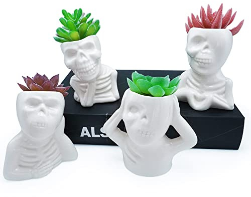 Kocris Casa Macetas de cráneo suculentas para decoración de Halloween, maceta de interior, pequeña planta, cactus, mini lindas decoraciones de cerámica agujero de drenaje – juego de 4