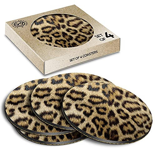 4 x Eco Boxed Cork Coasters - Wild Animal Print Leopard Cat Fur Drink Cup Mug Glass Table Mat #46431