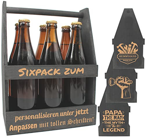 Bierträger personalisiert Sixpack Flaschenträger in SCHWARZ mit Gravur und Motiv, Männerhandtasche Geschenk für Männer Geschenk zum Vatertag Bierkiste für die Grillfeier
