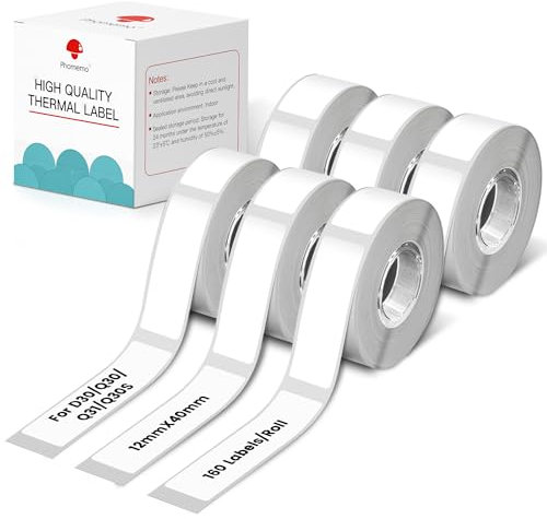 Phomemo D30 Lot de 6 rouleaux d'étiquettes 12 mm × 40 mm, étiquettes thermocollantes multifonctionnelles, compatibles avec l'imprimante d'étiquettes PhomemoD30, convient pour la maison, le bureau,
