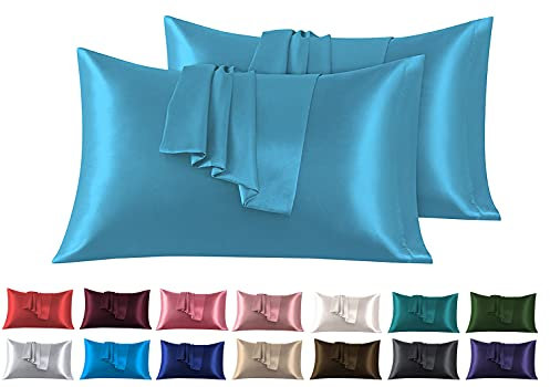 Satin Kissenbezug 40 x 80 cm 2 Stück- 100% Satin, Superweicher Kopfkissenbezug, Kissenhülle Hellblau