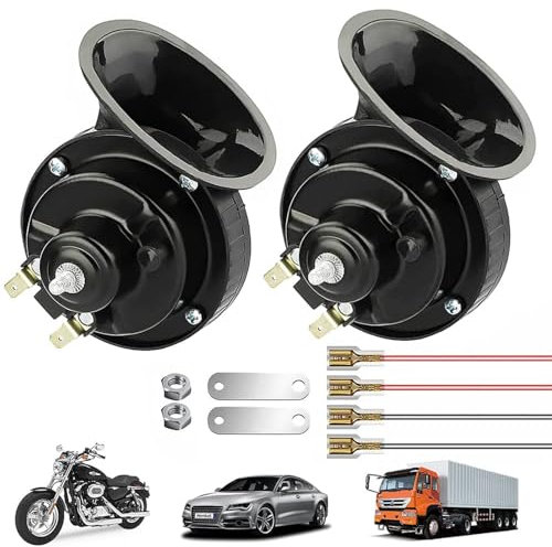 Dual Tone Car Horn,2Pcs 110DB Super Loud Train Horn Air Horns 12V Waterproof Double Horn Raging Sound Electric Snail Horn (Black)