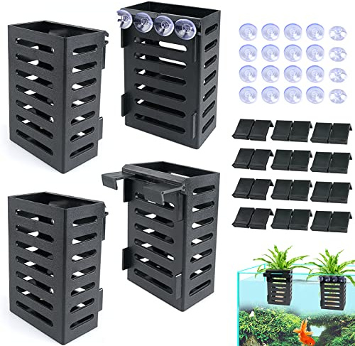 Uprony Aquarium Plant Holder 4 PCS Aquatic Plant Pot with 24 Hooks and 20 Suction Cups for Fish Tank Aquarium Planter and Aquascape Decorations (Black)