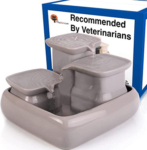 Miaustore Standard Ceramic Cat Water Fountain - Motion Sensor Activated, 120oz/3.4l, Doesn’t Need Filters, Very Quiet, Dishwasher Safe Pet Drinking Fountain - Grey