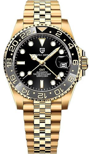CADISEN Pagani Design Herren Automatik Mechanische Uhr Top Marke Edelstahl Saphirglas Taucheruhr Sport Geschenk Reloj Hombre 1662 GMT, Jubilee Full Gold, Taucher, mechanisch