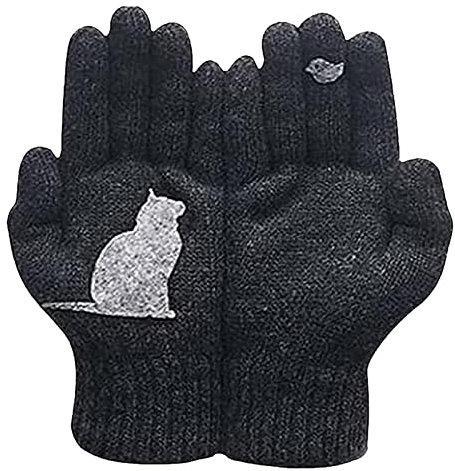 PERTID Handschuhe aus Baumwolle mit Katzenmotiv, niedlich, einfache Handschuhe, Baumwollhandschuhe für Katzen-Fans, dicke Handschuhe für kaltes Wetter, thermische Handschuhe für Damen, Schwarz, 1
