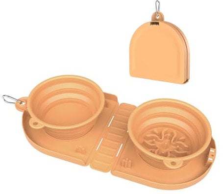 TOKAYIFE Collapsible Travel Dog Bowls 2-in-1 Folding with Carabiner - Lightweight and Portable for Small & Medium Pets - Double Bowl, Orange