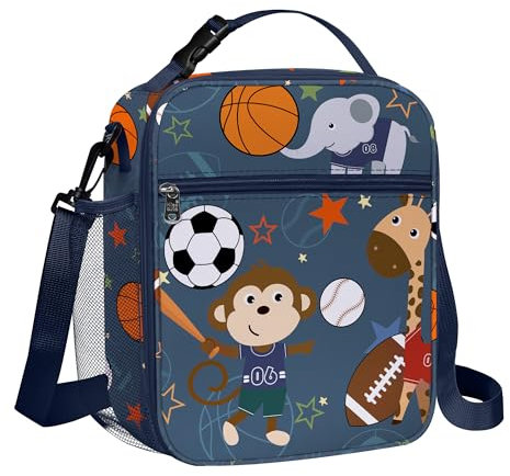 Clastyle Bolsa Termica Porta Alimentos Bebe Azul Bola Animales, Bolsa Almuerzo Infantil Mono Reutilizables con Correa, Bolsa Comida Niño para Viaje Picnic Guarderia