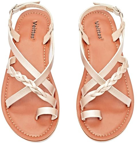 Veittes Women's Flat Slide Sandals - Casual Toe Ring Criss Cross Strappy Flat Summer Shoes.(2208001,GD/MF,9 UK)