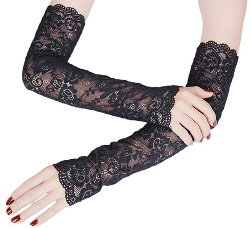 JTMKYO 1 paire de gants en dentelle pour femme, noirs, mitaines sans doigts, gants en maille pour femme, gants de protection solaire longs, 45 cm, bleu, Extra breit