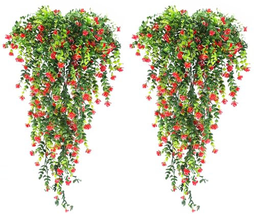 Leixi 4Pcs Artificial Hanging Flowers, UV-Resistant Fake Hanging Plants Flower Bouquet for Wall Home Room Garden Yard Patio Wedding Indoor Outdoor Decoration (Red)