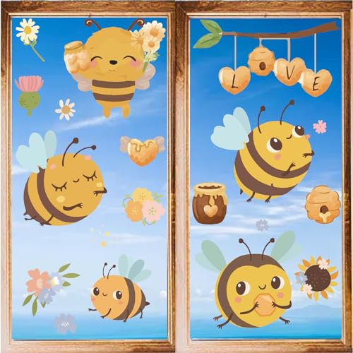 craspire 8 Stile Bienen-Fensteraufkleber, Cartoon-Honigbienen-Blumen-Wandaufkleber, Zum Abziehen Und Aufkleben, PVC, Wasserfest, Selbstklebend, Dekor Für Schlafzimmer, Kinderzimmer, Wohnzimmer, Küche