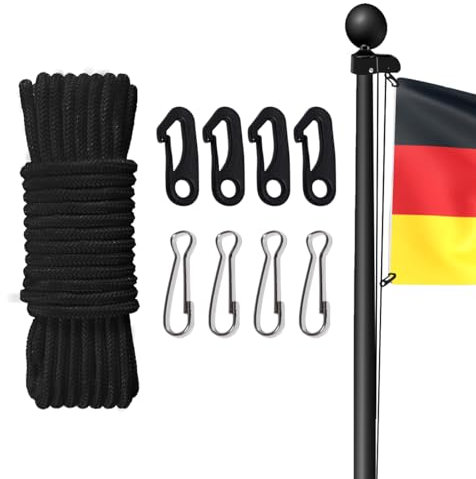 Worown 15M Fahnenmast Seil, Fahnenmast-Flaggenseil, 6 mm SchwarzePolyester Fahnenseil mit 4 Hakenklammern für Flagge, Kleideraufhängung, Segel, Basketballnetz, usw. Verwendung im Freien